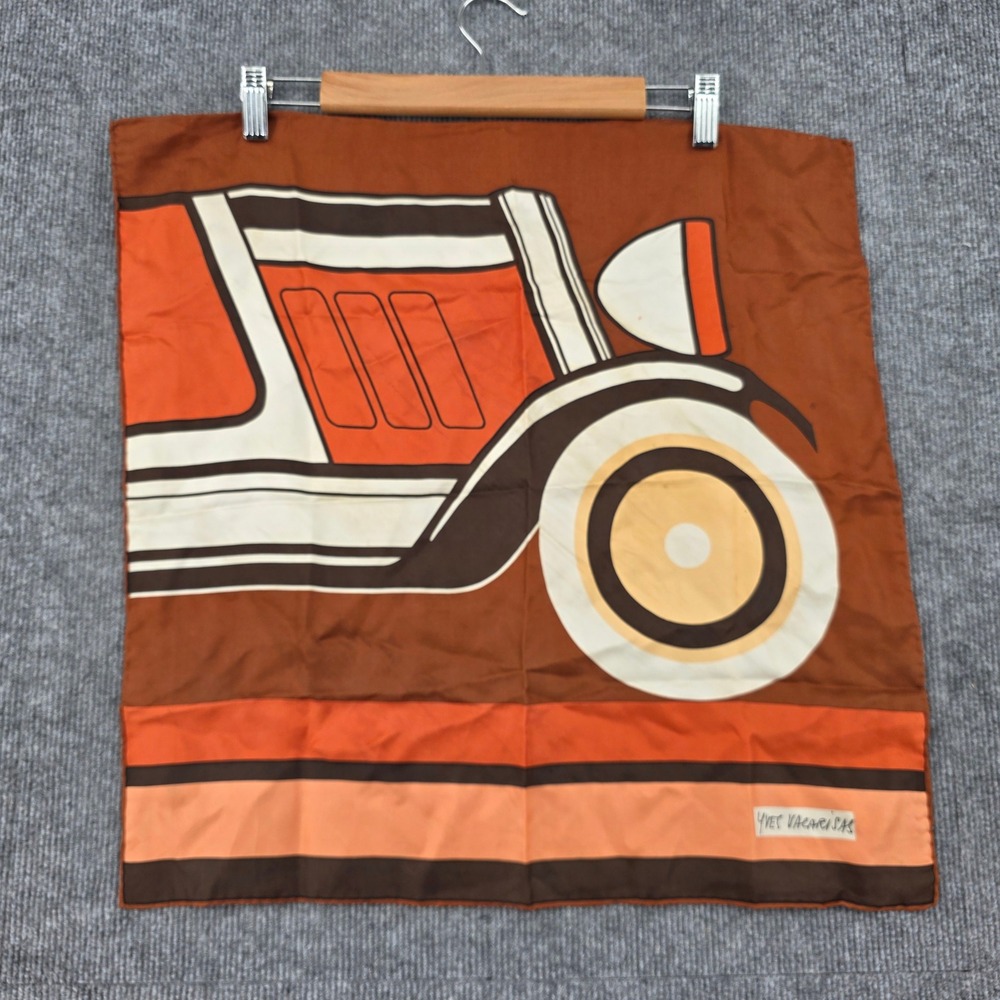 Yves Vacarisas Vintage Silk Scarf Brown Orange Graphic Classic Car Art Square